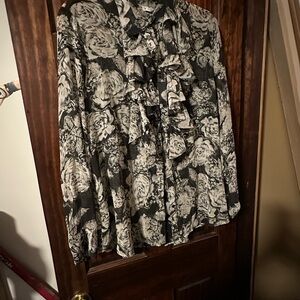 CAbi Black and White Floral Top Button Up with Ruffle Detail Size XL